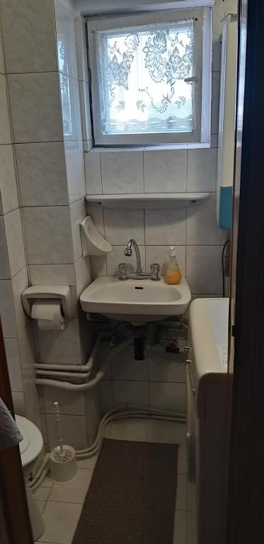a small bathroom with a sink and a window at DAION in Bistriţa