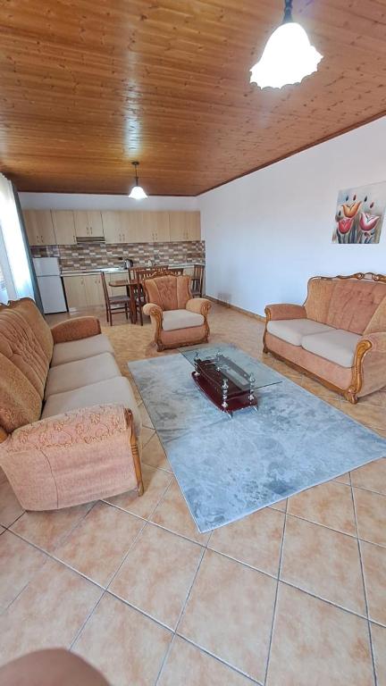una gran sala de estar con sofás y una mesa. en Appartamento vicino al centro storico en Shkodër