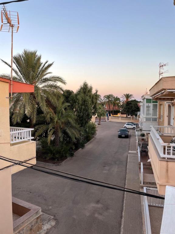 a street with palm trees and a car on the road at Apartamento CP in Cabo de Palos