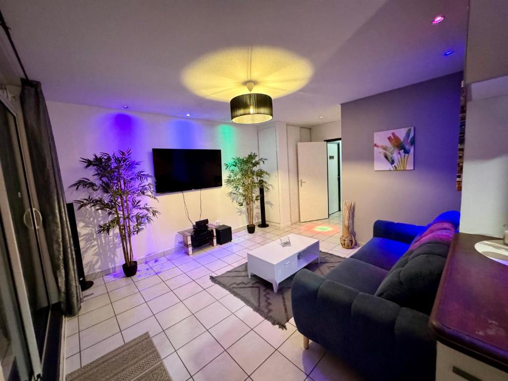 a living room with a couch and a tv at Ti Palmier ,1 chambre climatisée, wifi fibre, vue mer, sans vis-à-vis, parking devant l entrée in Fort-de-France