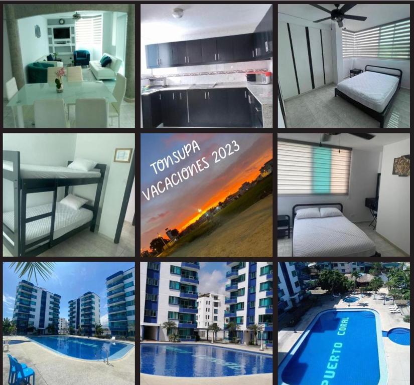 een collage van foto's van een hotelkamer en een zwembad bij Departamento bonito y comodo en Tonsupa in Tonsupa