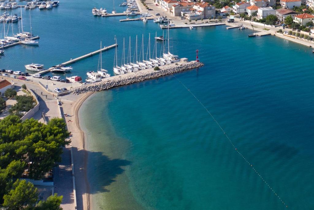 an aerial view of a marina with boats in the water at Apartment Jezera 5057b in Jezera