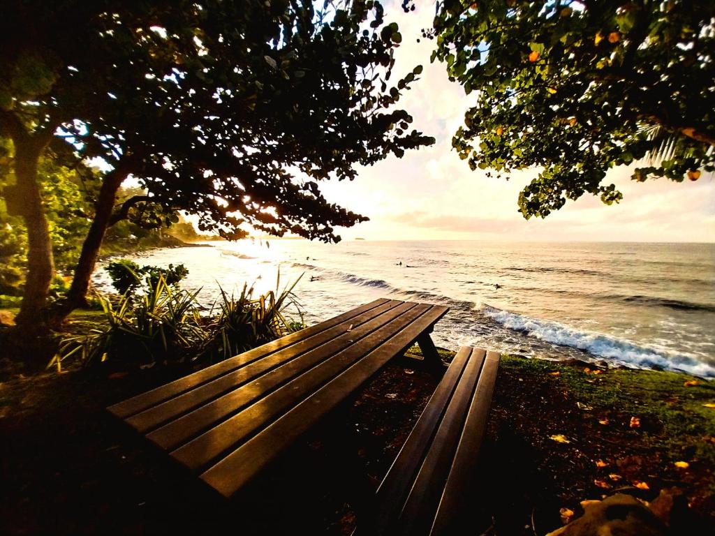 a wooden bench sitting in front of the ocean at TAHITI - Haumaru Beach Fare in Mahina