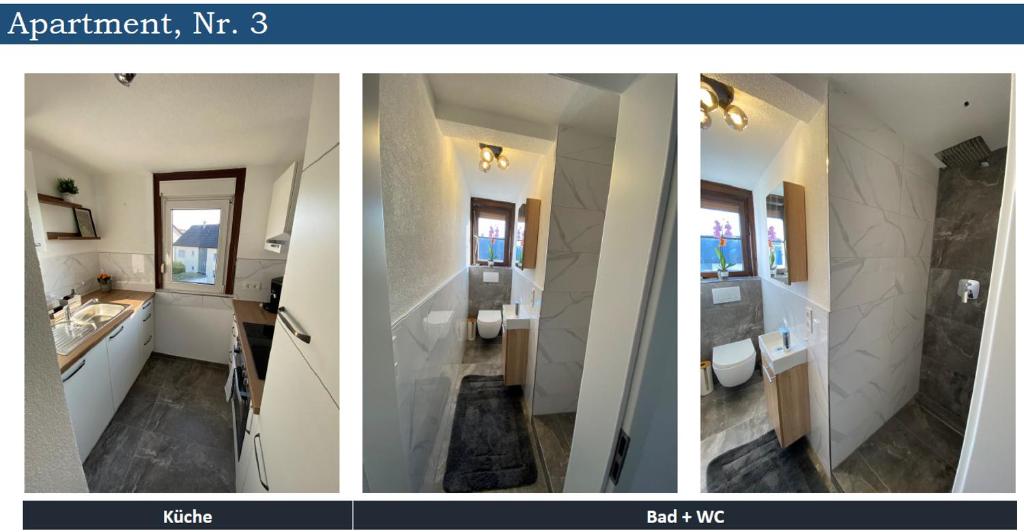 three pictures of a bathroom with a sink and a toilet at Nisay Home - 3 Room Apartment - Nr3 in Ludwigsburg