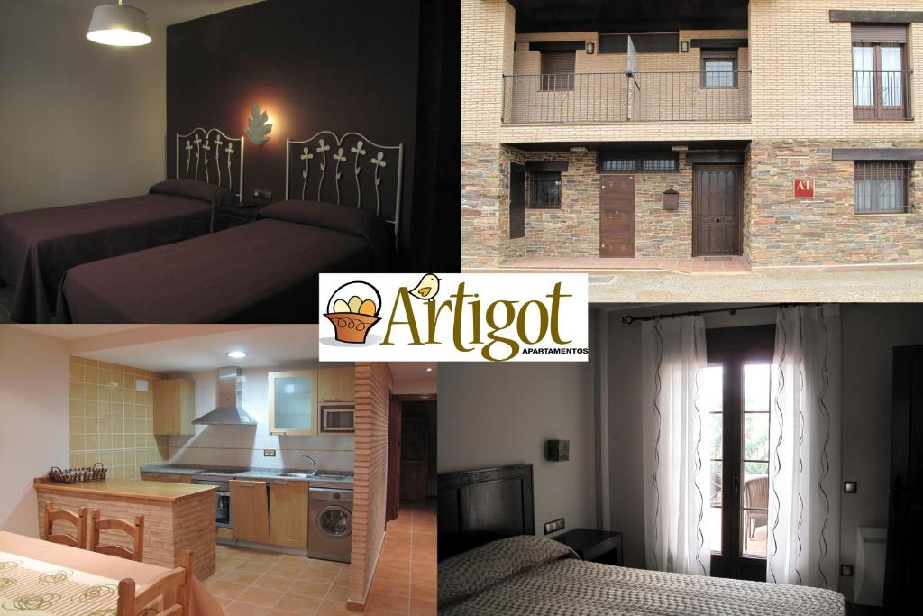 kolaż zdjęć sypialni i apartamentu w obiekcie Apartamentos Artigot w mieście Gea de Albarracín