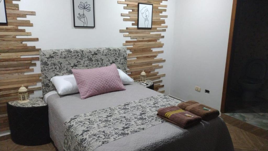 um quarto com uma cama com um cobertor rosa e cinzento em LVL Hospedaje Ejecutivo em Ciudad del Este