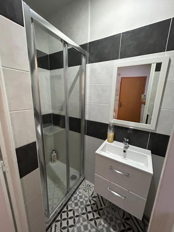 a bathroom with a shower and a sink at Les Balences - Jolie studio Place Jean Jaurès Béziers -Wifi in Béziers