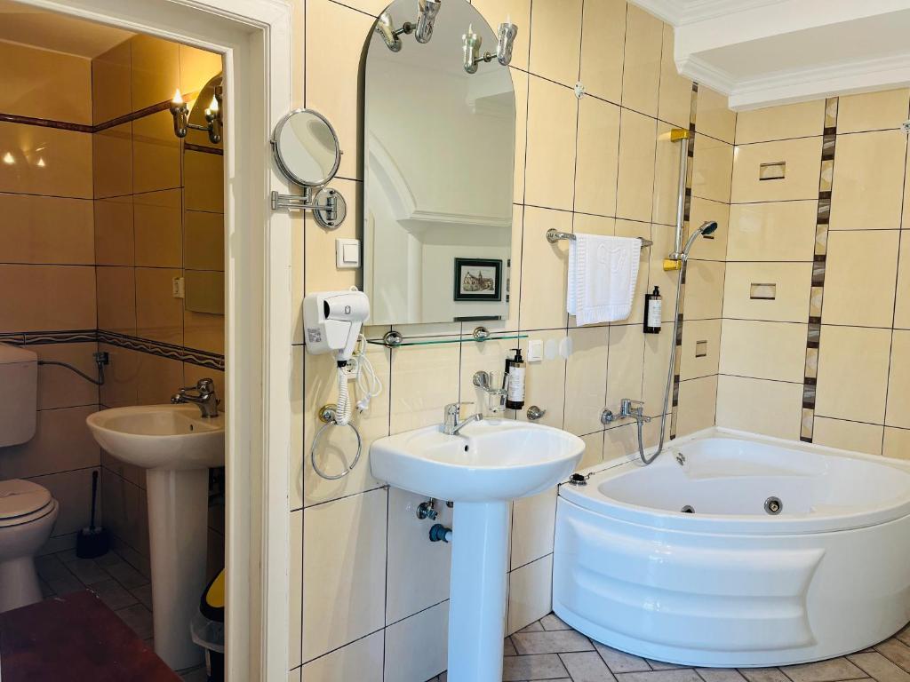 a bathroom with a sink and a bath tub at Pensiunea Curtea Bavareza in Târgu-Mureş