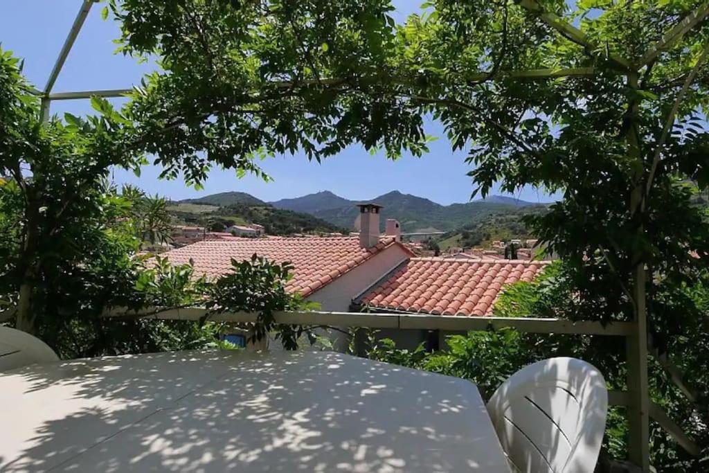 - une vue depuis la terrasse d'une maison avec des montagnes en arrière-plan dans l'établissement T3 Paisible-Terrasse-stationnement gratuit, à Collioure