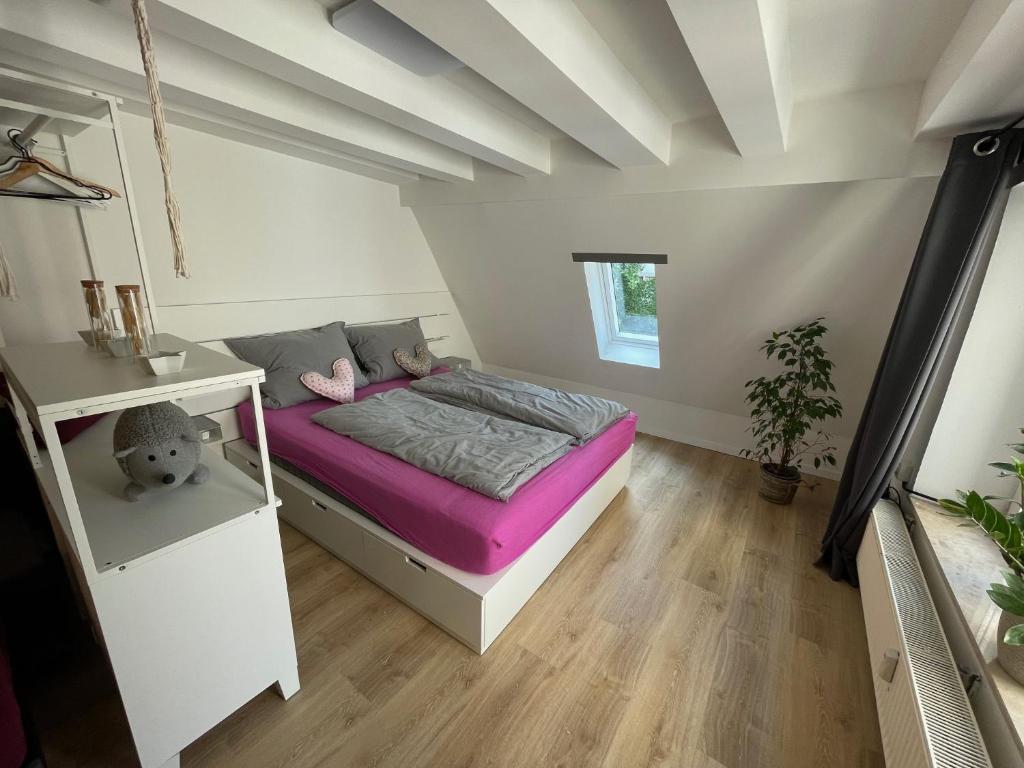 ein Schlafzimmer mit einem Bett mit einer lila Matratze in der Unterkunft Ferienwohnungen zu St. Johann in Konstanz