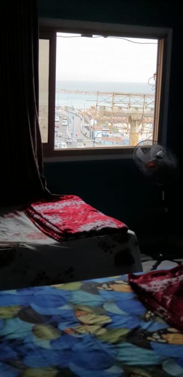 - une chambre avec une fenêtre et un lit avec une couverture dans l'établissement الاسكندريه خالد بن الوليد, à Alexandrie