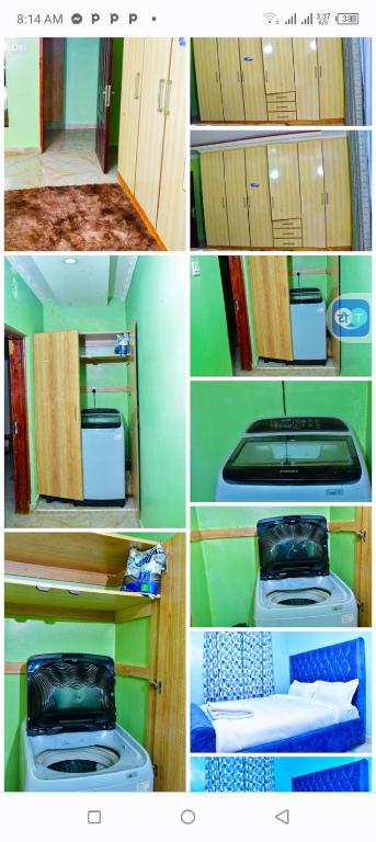 four pictures of a bathroom with a toilet and a cabinet at homestay in Eldoret