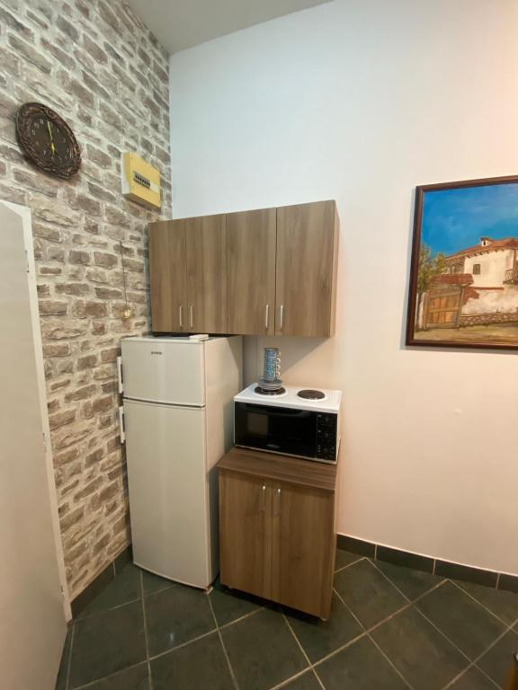 a small kitchen with a refrigerator and a stove at Apartman Loki in Jagodina