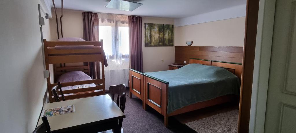 um quarto com uma cama, uma mesa e uma cadeira em Planinski Dom na Travni Gori em Sodražica