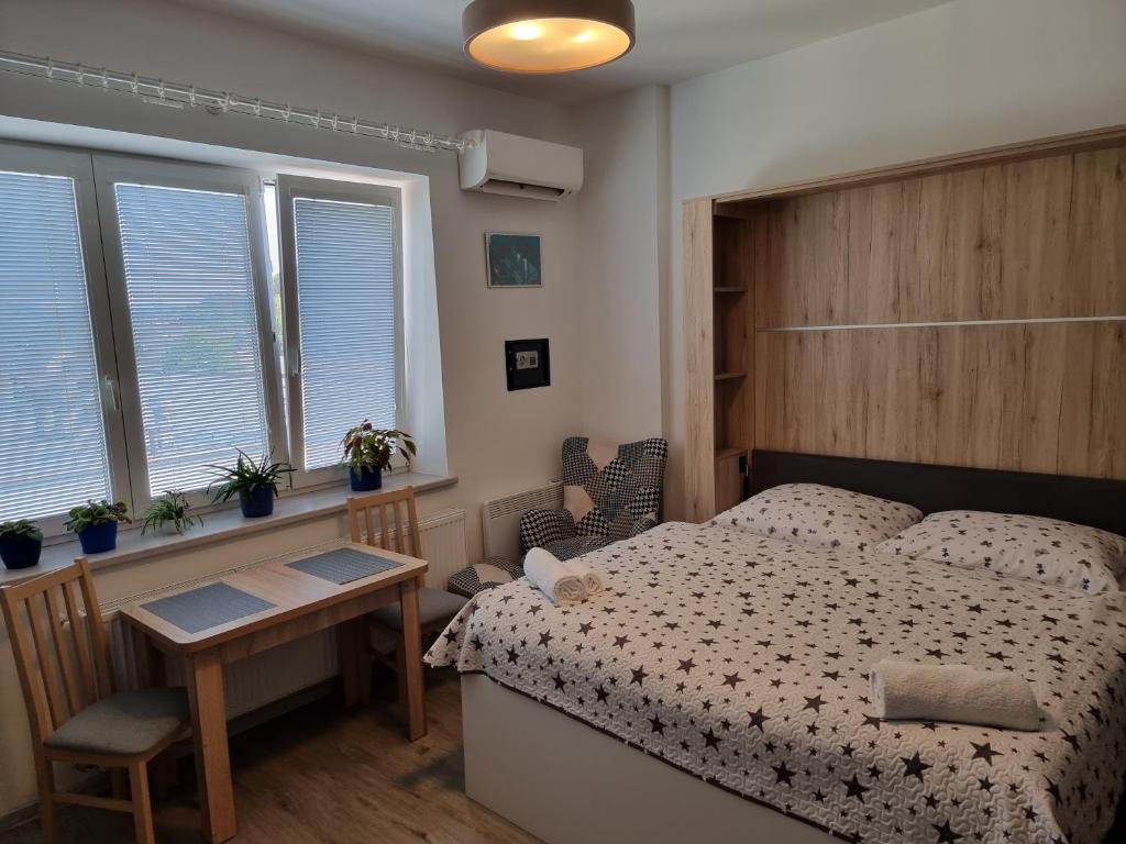 um quarto com uma cama, uma mesa e janelas em Garsoniera DUKLA 289 em Děčín