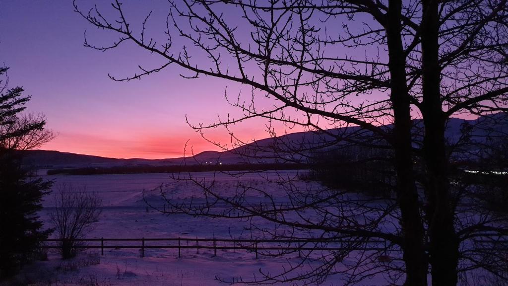 una puesta de sol sobre un campo nevado con una valla en Hvanneyri apartment, en Hvanneyri
