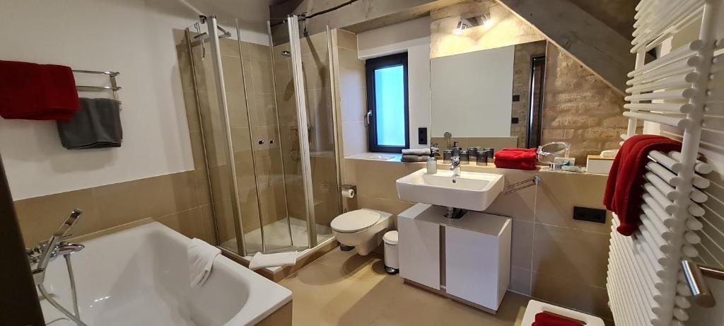 ein Bad mit einem Waschbecken, einem WC und einer Dusche in der Unterkunft Ferienappartements im Speicherwerk in Quedlinburg