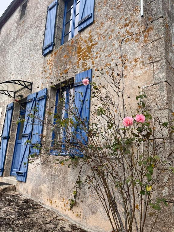 a building with blue windows and a bush with pink flowers at Gîte les Pieds dans l&#39;eau bord de Sèvre, 10 min du Puy du Fo in Treize-Vents
