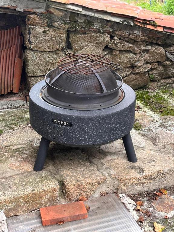 a stove sitting on the ground next to a stone wall at Gîte les Pieds dans l&#39;eau bord de Sèvre, 10 min du Puy du Fo in Treize-Vents
