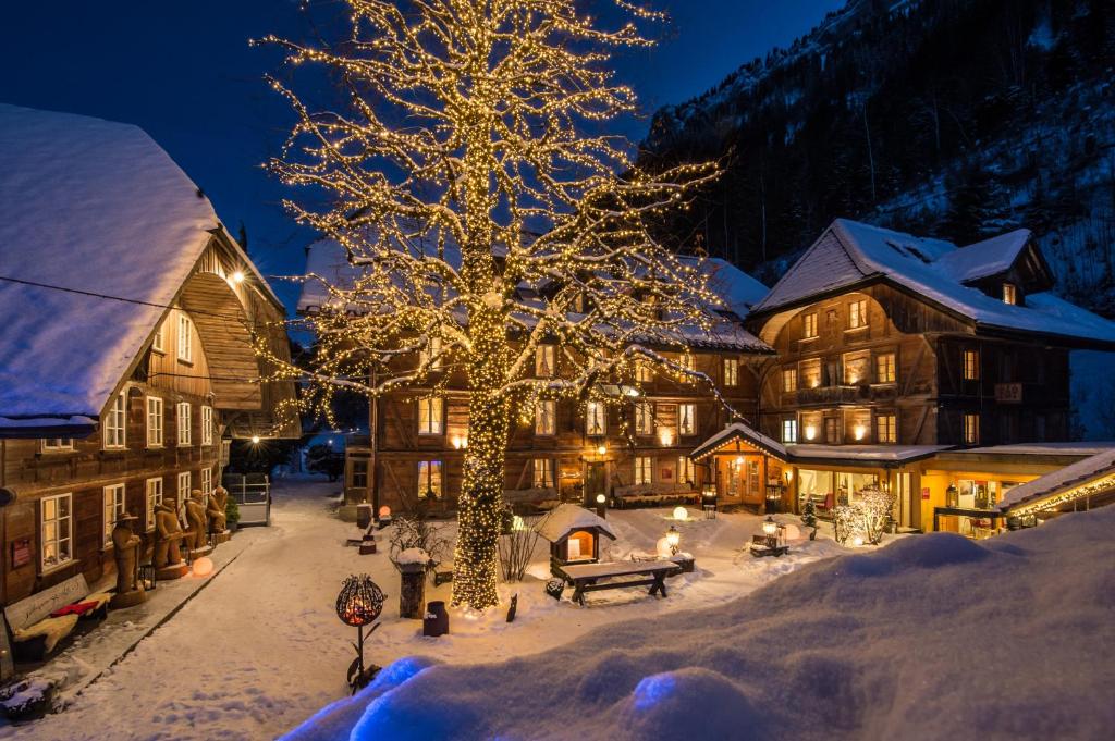 ein Weihnachtsbaum vor einem Gebäude im Schnee in der Unterkunft Hotel Kemmeriboden-Bad AG in Schangnau