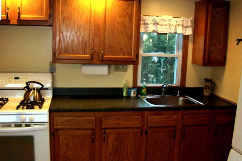uma cozinha com armários de madeira, um lavatório e um fogão em Pine Cottage at Heron Ledge em Plattsburgh