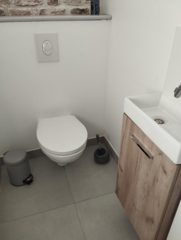 a bathroom with a white toilet and a sink at Maison au calme avec vue étang in Clessé