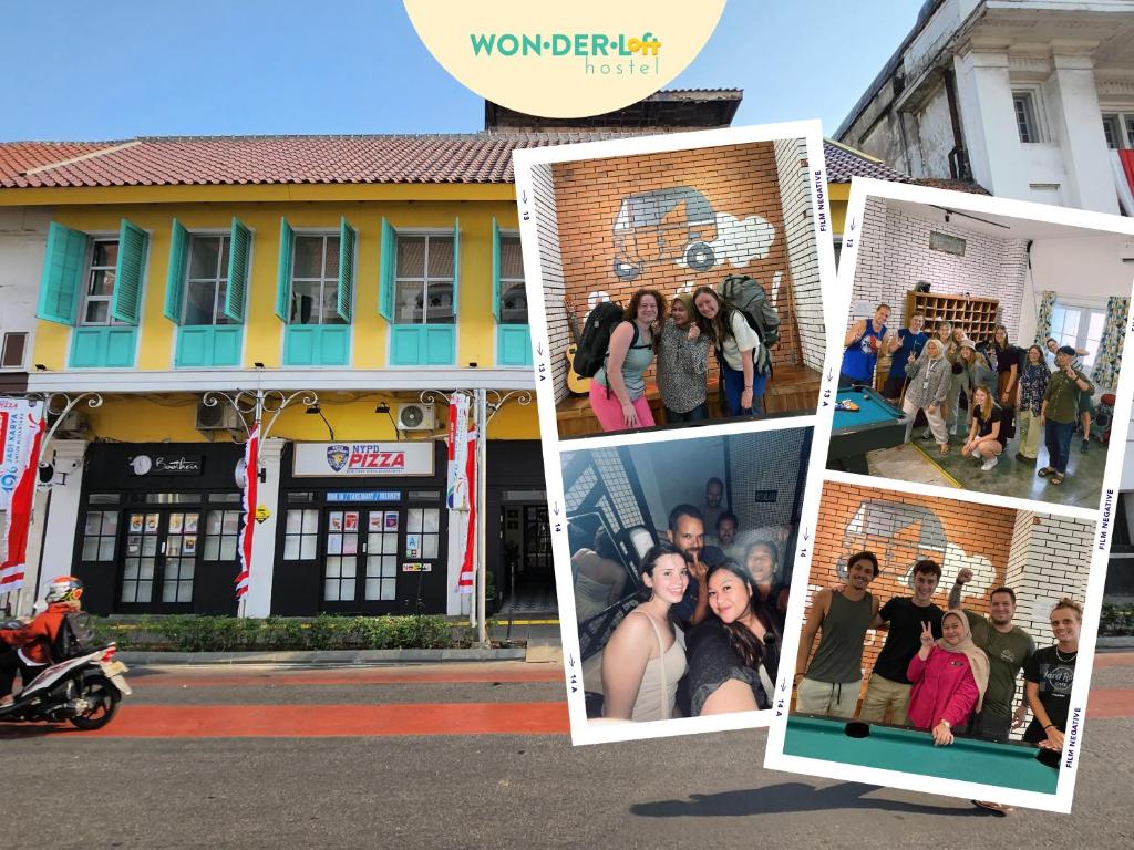 a collage of photos of people in front of a building at Wonderloft Hostel Kota Tua in Jakarta