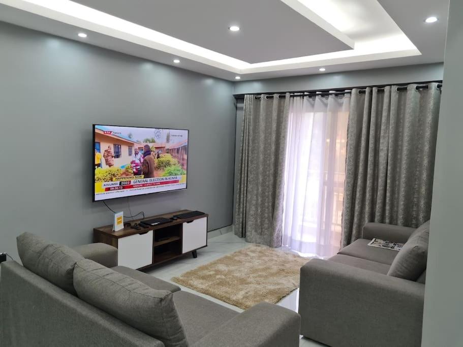 a living room with a couch and a tv on a wall at Cozy Apartment in Kololo in Kampala