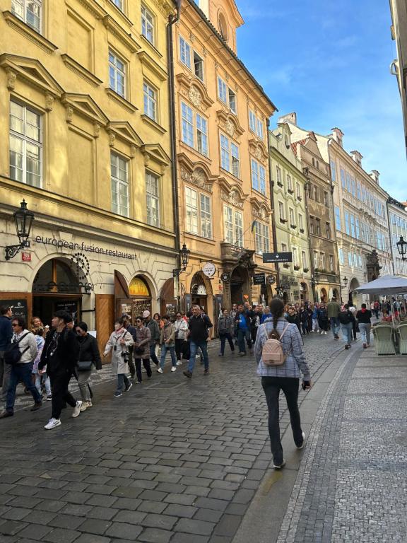 um grupo de pessoas andando por uma rua com edifícios em Pension Karlova em Praga