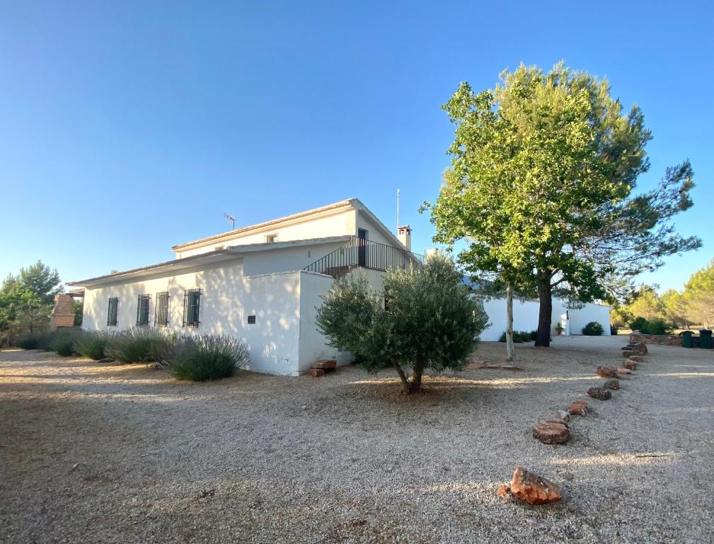 un bâtiment avec un arbre et des rochers devant lui dans l'établissement Gran Casa, Lagunas de Ruidera, BBQ, porche, chimenea, à Ruidera