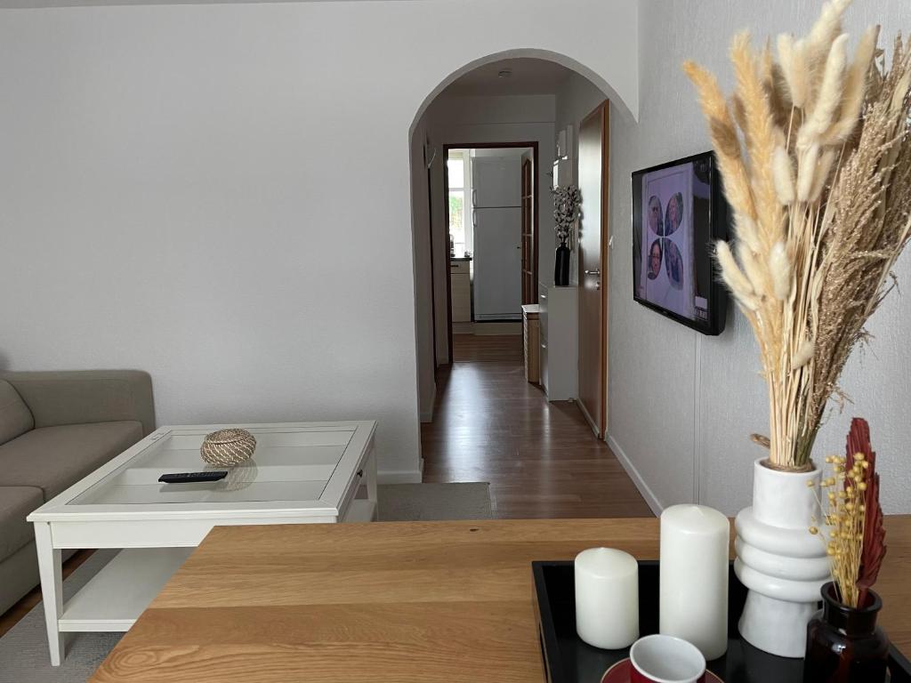 un salon avec un canapé et une table dans l'établissement Appartement la petite Venise, à Colmar