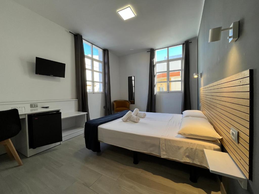 a bedroom with a bed and a tv and some windows at Hotel Pensión Cassandra in Buzanada