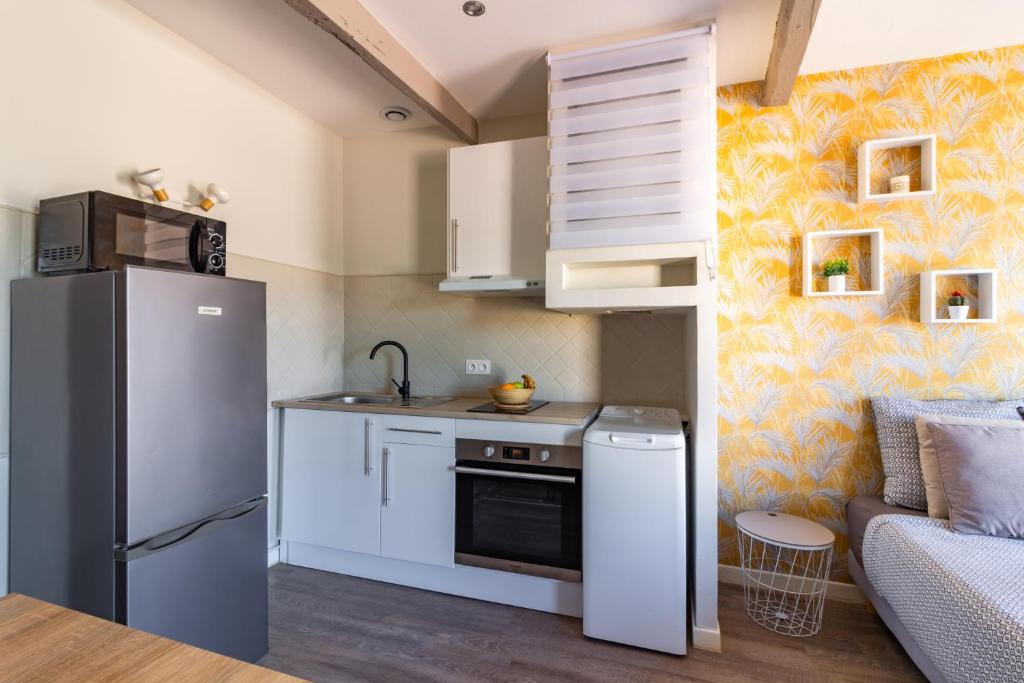 Il comprend une petite cuisine équipée d&#39;un réfrigérateur et d&#39;un canapé. dans l&#39;établissement AU PIED Du Grand Bassin, à Castelnaudary