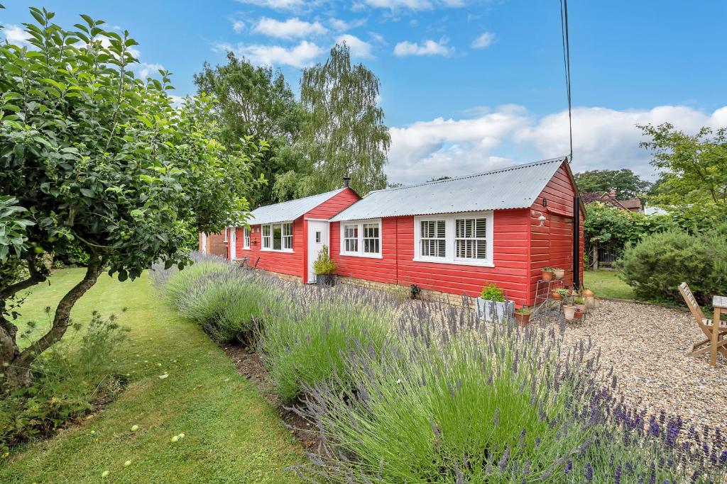 Whepstead的住宿－The Red Shed Entire home for 2 Private garden and parking 2 miles from Bury St Edmunds，前面有花园的红色房子