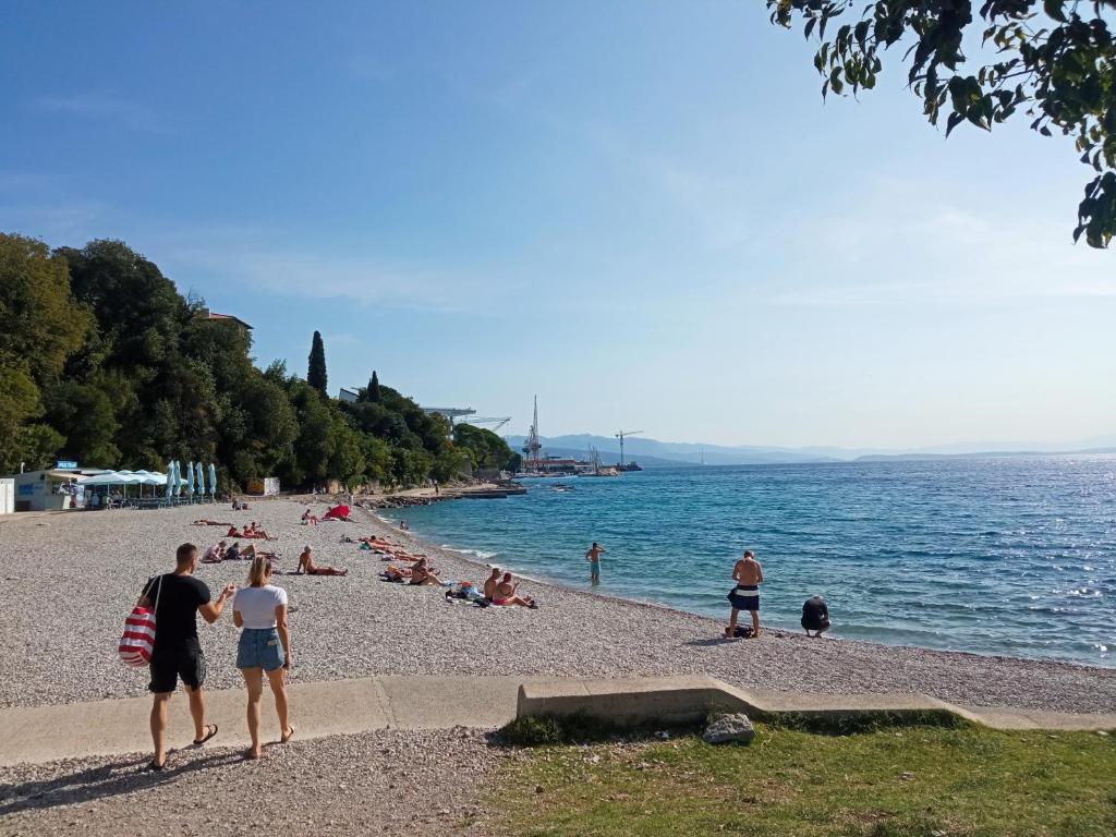 een groep mensen op een strand bij het water bij Guesthouse Gasho in Rijeka