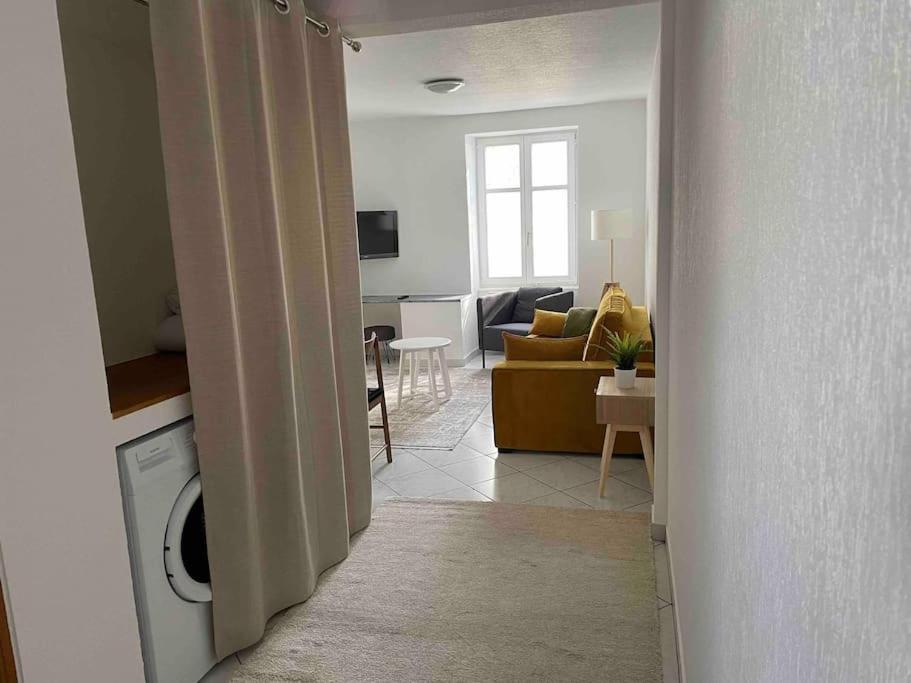 a kitchen and living room with a washer and dryer at Cocooning in Colmar