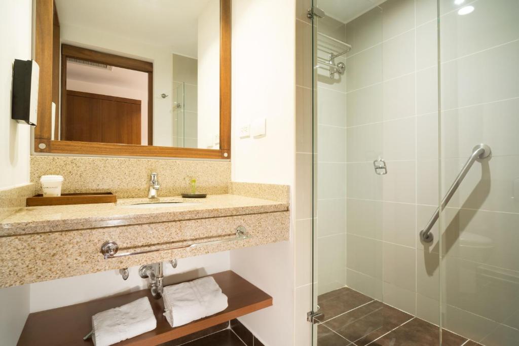 a bathroom with a sink and a shower at Hotel Habitel Select in Bogotá