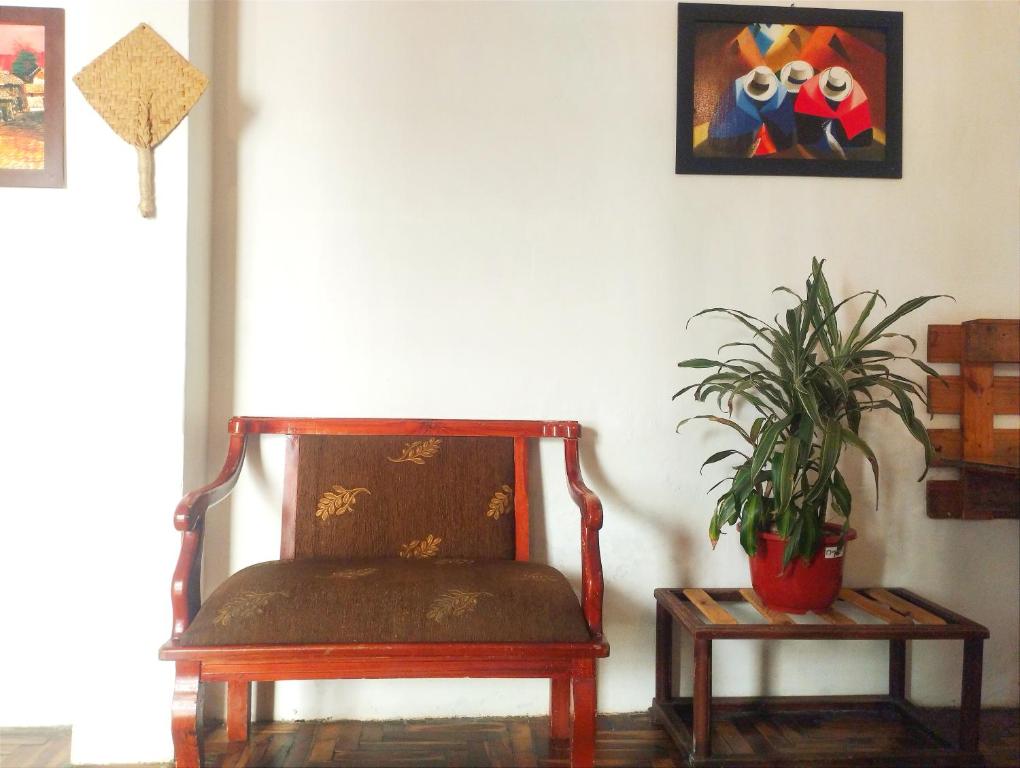 uma cadeira e um vaso de plantas num quarto em Villa bonita em Baños
