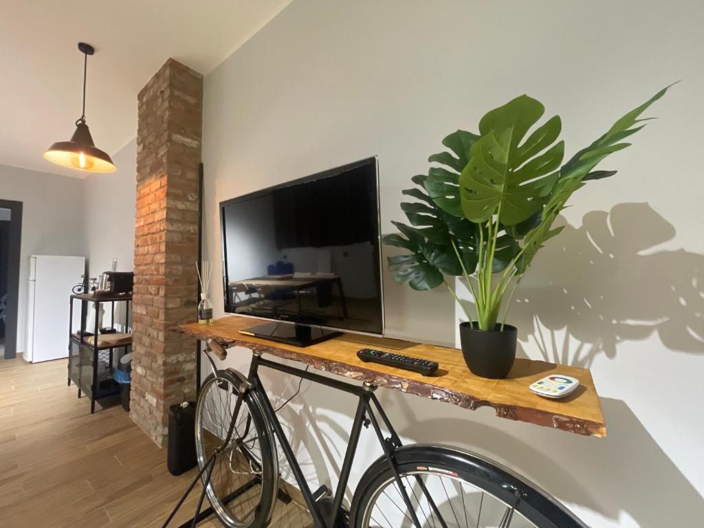 a bike parked in a living room with a tv at Industrial House 3 in Corsico