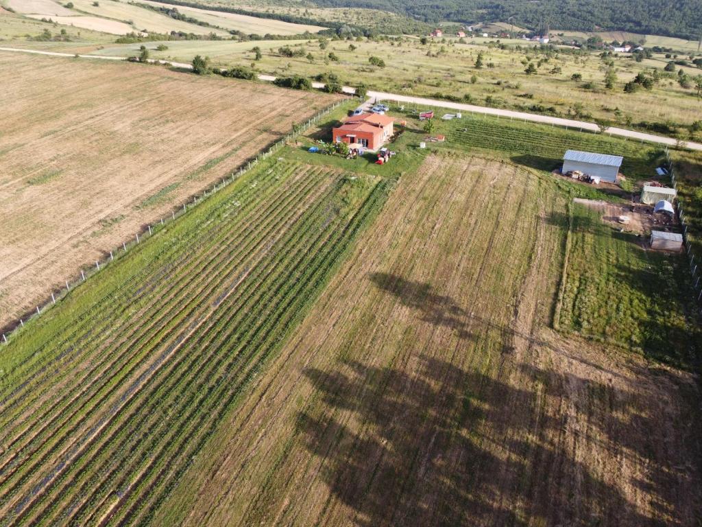 an aerial view of a field with a house at FarmVilla Forest House in Lipljan