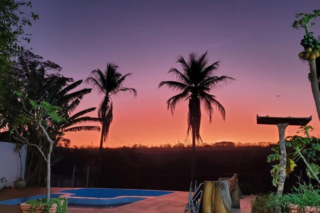 a sunset with palm trees in a yard at Charmosa Casa no Lago in Ribeirão Preto