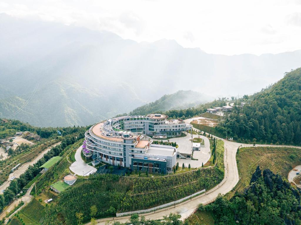an aerial view of a building on a mountain at Lady Hill Sapa Resort in Sa Pa