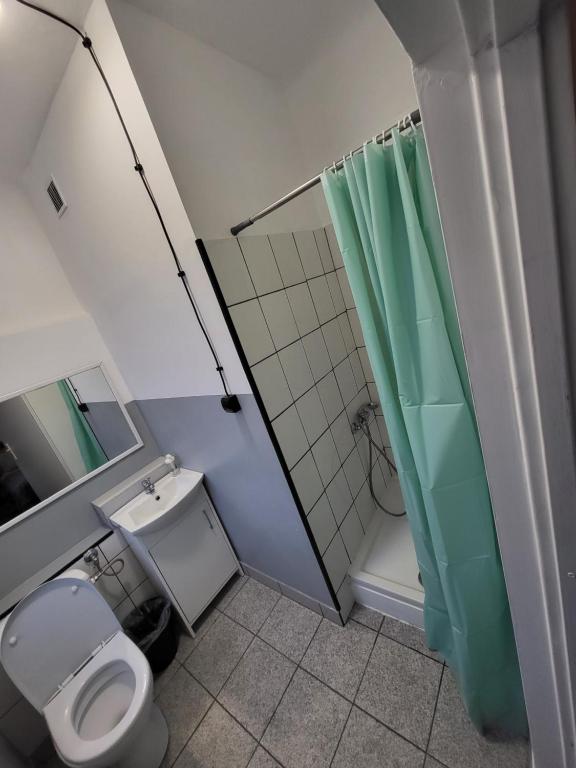 a bathroom with a toilet and a green shower at Charmed HomeStay - Zaczarowany in Warsaw