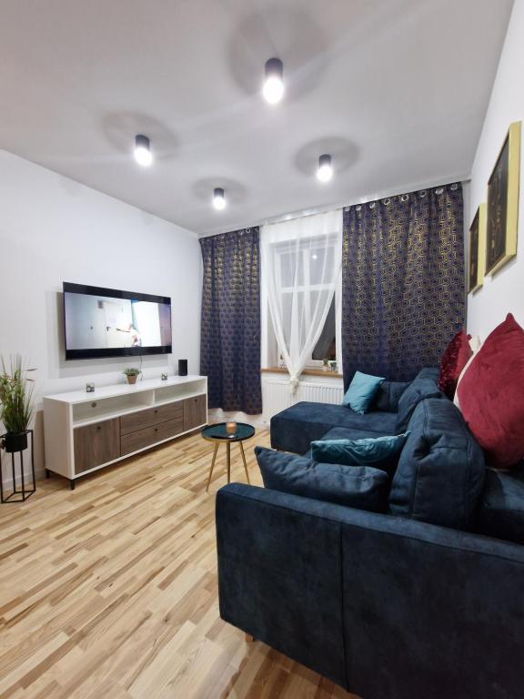 MAGIC HOME Apartamenty في رودا شلاسكا: غرفة معيشة مع أريكة وتلفزيون بشاشة مسطحة