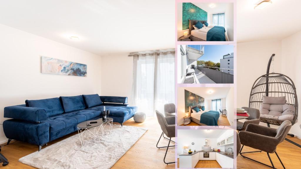 a collage of photos of a living room with a blue couch at Lit Living: Luxus - Box Spring - Parking - Terrace in Ludwigshafen am Rhein