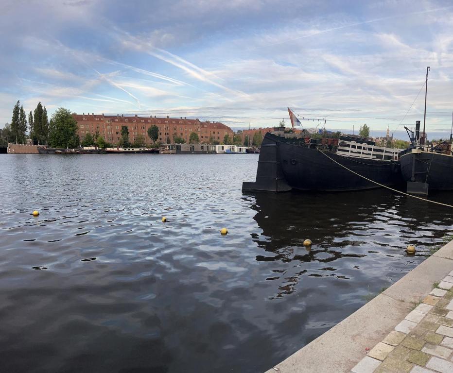 Houseboat in Amsterdam في أمستردام: قارب يرسي في جسم ماء
