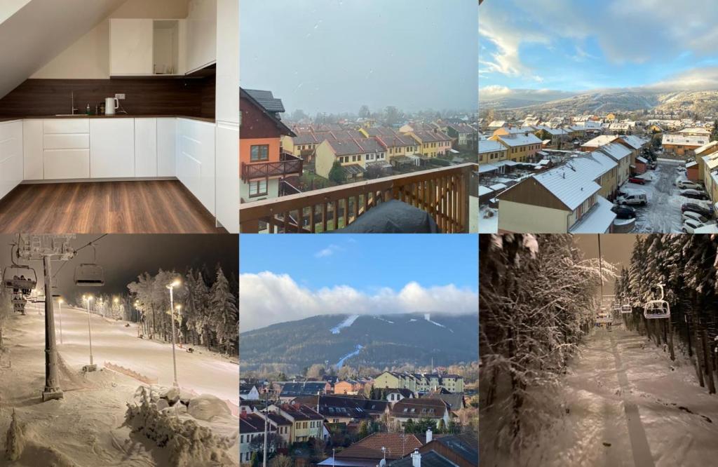 een collage van foto's van een stad en een stad bij Horský apartmán pod Ještědem in Liberec