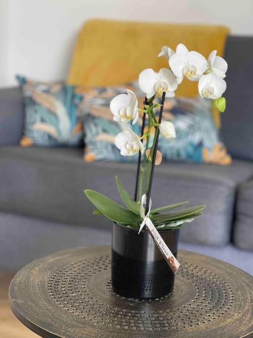 un vase noir avec des fleurs blanches sur une table dans l'établissement La Casa di Maria - Gîte 2 à 4 personnes, à Lespesses