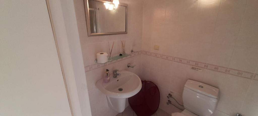 een badkamer met een wastafel, een toilet en een spiegel bij Sea Villa Apart in Fethiye