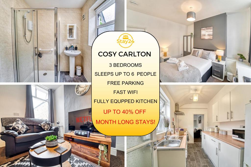 a collage of photos of a bedroom and a apartment at Cosy Carlton in Stoke on Trent